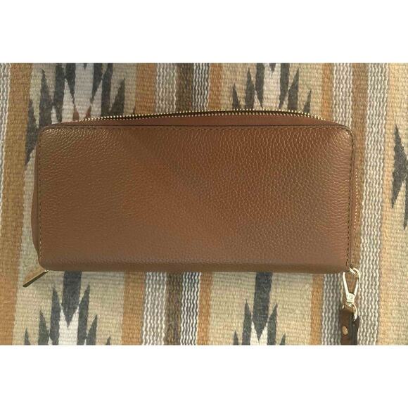 New Michael Kors Jet Set Brown Gold Pebbled Leather Zip Around Wristlet Wallet - Picture 5 of 6